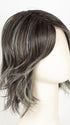 RUFFLE-RIBBON-R | Off-Black base with Warm Medium Brown and Silver highlights. The Dark Brown Root creates a naturally dimensional appearance