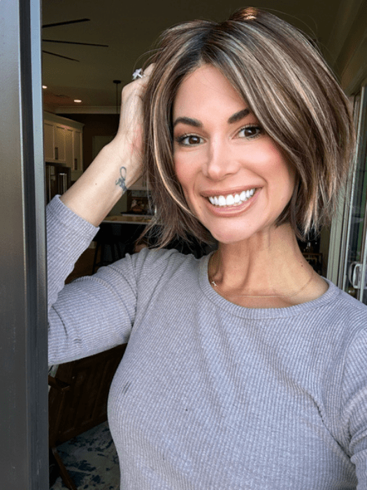 Katy C. @thewigeducator wearing KENNEDY by ESTETICA in color CKISSRT4 | Golden Brown with Copper Blonde Highlights and Dark Brown Roots