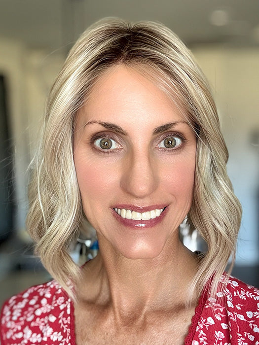 Lisa Mullins @beautifulyouwigreviews wearing AMI by BELLE TRESS in color BUTTERBEER R | Dark Brown Base and Root that transitions smoothly into a buttery blonde, infused with creamy honey and toffee tones