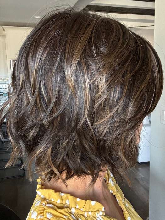Lisa Mullins @beautifulyouwigreviews wearing Alicante by BelleTress in shade TRIPLE CHOCOLATE R | A subtle Cappucino root Color and a blend of Medium Ash Brown mixed with a slight warmth of Rich Chocolate
