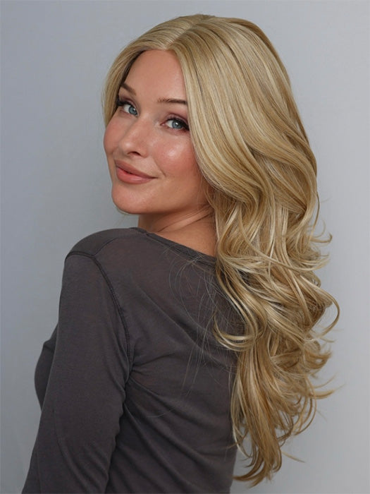 Heather @cjswigs wearing ALLURE WAVEZ by RENE OF PARIS in color CREAMY-TOFFEE | Light Platinum Blonde and Light Honey Blonde Evenly Blended