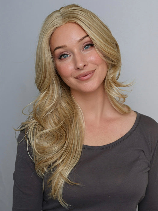 Heather @cjswigs wearing ALLURE WAVEZ by RENE OF PARIS in color CREAMY-TOFFEE | Light Platinum Blonde and Light Honey Blonde Evenly Blended