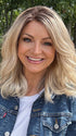 Sandy @i_be_wiggin wearing AMANDA by ENVY in color SILKY BEIGE | Light Platinum Blonde with Dark Brown Roots