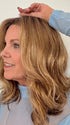 Susan Sparks @an_affair_with_hair wearing AMANDA by ENVY in color GOLDEN NUTMEG | Medium Brown roots with overall Warm Cinnamon base and Golden Blonde Highlights