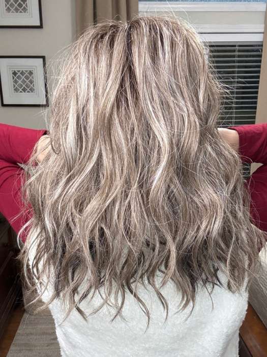 Marcie @wig.obsessed wearing BEACH WAVE MAGIC by TRESSALLURE in color 52/38/49/R8 | 3 Tones of Grey blended with Dark Brown Roots
