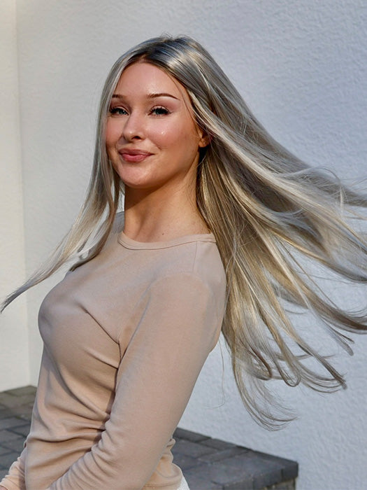 Heather @cjswigs wearing AVERY by JON RENAU in color FS17/101S18 PALM SPRINGS BLONDE | Light Ash Blonde with Pure White Natural Violet Bold Highlights, Shaded with Dark Natural Ash Blonde