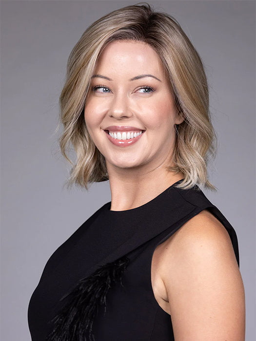 Model is wearing BUTTERCAKE BLONDE-R | A neutral-warm blonde blend featuring light brown, ash, and lightest blonde tones with natural-looking darker roots for added depth and realism.