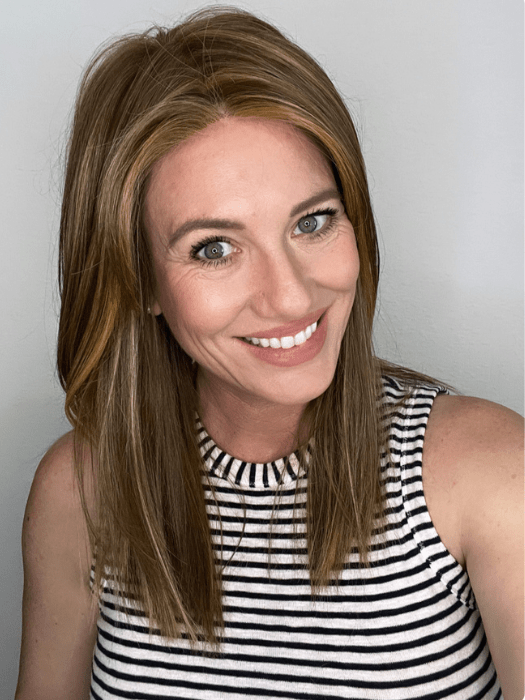 Jenny B. @thewiggygirl wearing SHOW STOPPER by RAQUEL WELCH WIGS in color RL12/16 HONEY TOAST | Light Brown Evenly Blended with Dark Natural Blonde