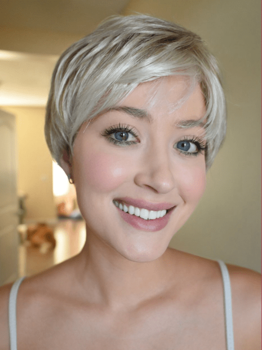 Steph @wigswithsteph wearing WINNER PETITE by RAQUEL WELCH WIGS in color R23S+ GLAZED VANILLA | Cool Platinum Blonde with Almost White Highlights