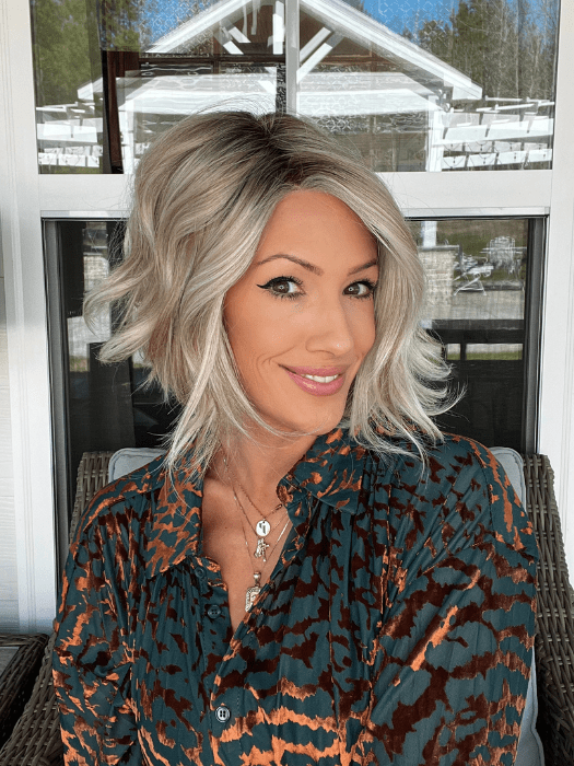 Jenna @jenna_fail wearing TREND ALERT by GABOR in color GF19-23SS BISCUIT | Light Ash Blonde Evenly Blended with Cool Platinum Blonde with Dark Roots. 