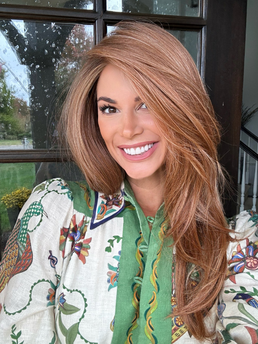 Katy C. @thewigeducator wearing SCENE STEALER by RAQUEL WELCH WIGS in color RL29/33SS ICED PUMPKIN SPICE | Strawberry Blonde shaded with Dark Red-Brown