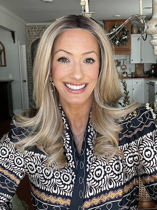 Jenna Fail @jenna_fail wearing BEAUTY REIGN by GABOR in color GF14-88SS GOLDEN WHEAT | Dark Blonde evenly Blended with Pale Blonde Highlights and Dark Roots