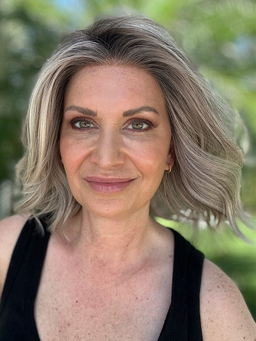 Emily H. @she_sheds_more wearing BERRY by BELLE TRESS in color COOL CHAI BLONDE-R | A balanced cool blonde with softly contrasted darker roots, a fresh twist on classic blonde tones.