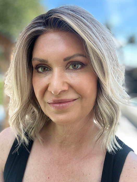 Emily H. @she_sheds_more wearing BERRY by BELLE TRESS in color COOL CHAI BLONDE-R | A balanced cool blonde with softly contrasted darker roots, a fresh twist on classic blonde tones.
