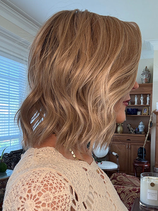 Eileen @crazywiglady is wearing BERRY by BELLE TRESS in color BUTTERCAKE BLONDE-R | A neutral-warm blonde blend featuring light brown, ash, and lightest blonde tones with natural-looking darker roots for added depth and realism.