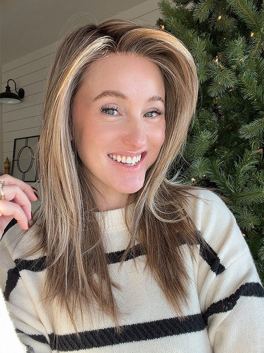 Carlyn @carlynwilson84 wearing BIRKIN by BELLE TRESS in color BROWN SUGAR BLONDE-R | A warm, dimensional blend of medium brown and golden blonde highlights with natural-looking darker roots for depth and a sun-kissed finish.