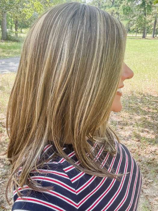 Marcie Mertz @wig.obsessed wearing FONTAINE by BELLE TRESS in color TOASTED WALNUT R | Medium Brown Rooted, Ash Brown, Medium Gold Blonde, and Light Brown Blended to perfection