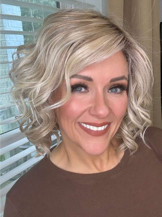Marcie Mertz @wig.obsessed wearing ECLAT by ELLEN WILLE in color PEARL-BLONDE-ROOTED 101.16.1001 | Pearl Platinum, Dark Ash Blonde, and Medium Honey Blonde mix
