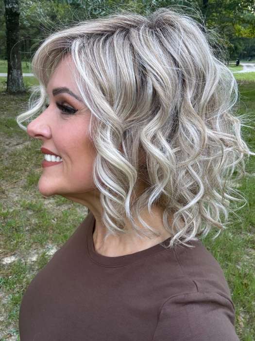 Marcie Mertz @wig.obsessed wearing ECLAT by ELLEN WILLE in color PEARL-BLONDE-ROOTED 101.16.1001 | Pearl Platinum, Dark Ash Blonde, and Medium Honey Blonde mix