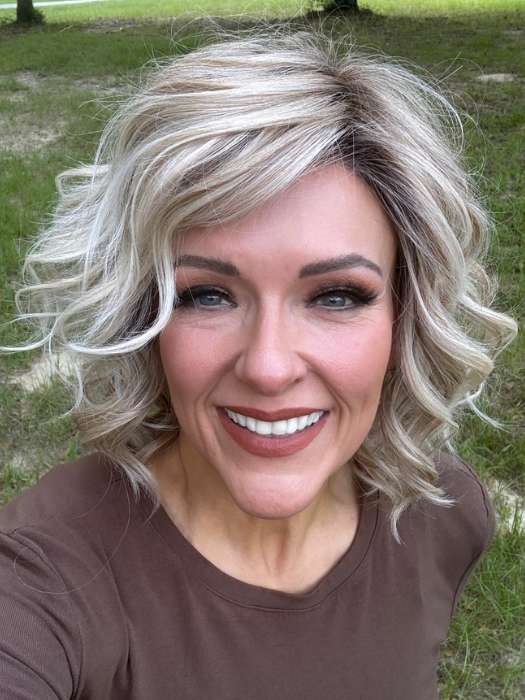 Marcie Mertz @wig.obsessed wearing ECLAT by ELLEN WILLE in color PEARL-BLONDE-ROOTED 101.16.1001 | Pearl Platinum, Dark Ash Blonde, and Medium Honey Blonde mix