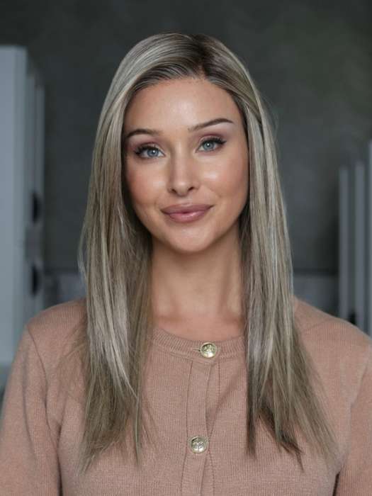 Heather @cjswigs wearing CHAMPION by BELLE TRESS in color SPARKLING CHAMPAGNE R | Medium Ash Brown roots transition into Shimmering Champagne Blonde characterized by Pale Golden Hues with subtle Ivory and Platinum undertones reminiscent of a sparkling glass of bubbly