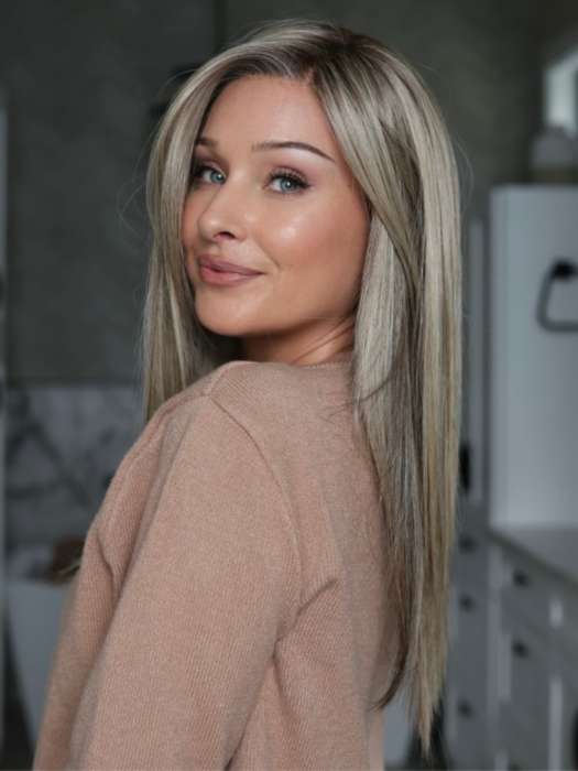 Heather @cjswigs wearing CHAMPION by BELLE TRESS in color SPARKLING CHAMPAGNE R | Medium Ash Brown roots transition into Shimmering Champagne Blonde characterized by Pale Golden Hues with subtle Ivory and Platinum undertones reminiscent of a sparkling glass of bubbly