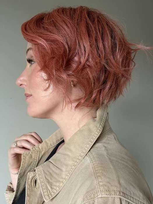 Carly N. @carlynwilson84 wearing COOKIE by ELLEN WILLE in color ROSE BLUSH ROOTED | Light copper, Peach, and Soft Rose Gold tones with subtle Golden Undertones and Shaded Roots