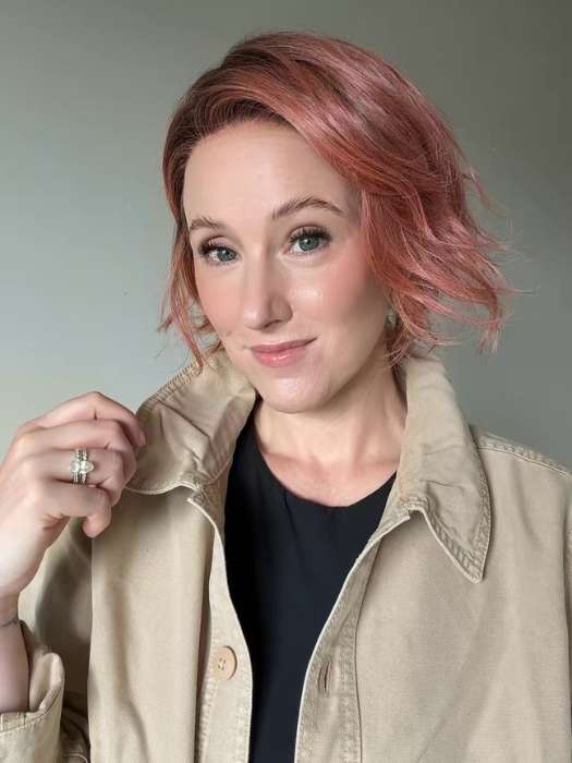 Carly N. @carlynwilson84 wearing COOKIE by ELLEN WILLE in color ROSE BLUSH ROOTED | Light copper, Peach, and Soft Rose Gold tones with subtle Golden Undertones and Shaded Roots