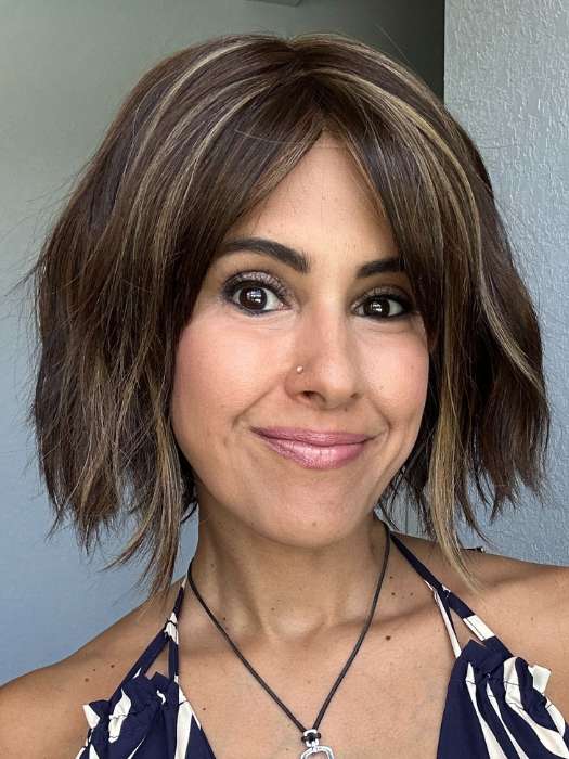 Lorena @faux.hurr.lifee wearing ROSANNA by RENE OF PARIS in color COFFEE-LATTE | Dark Brown with Evenly Blended Honey Brown Highlights