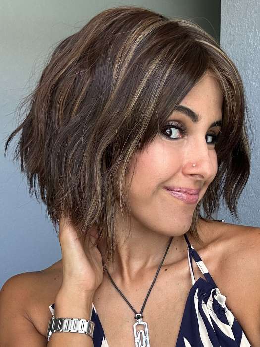 Lorena @faux.hurr.lifee wearing ROSANNA by RENE OF PARIS in color COFFEE-LATTE | Dark Brown with Evenly Blended Honey Brown Highlights