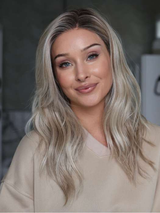 Heather @cjswigs wearing MILANO by BELLE TRESS in color MILKSHAKE BLONDE R | A mixture of Light Sandy Brown, Highlighted with Light Ash Blonde with a Hint of Light Platinum Blonde with a Medium Root Color