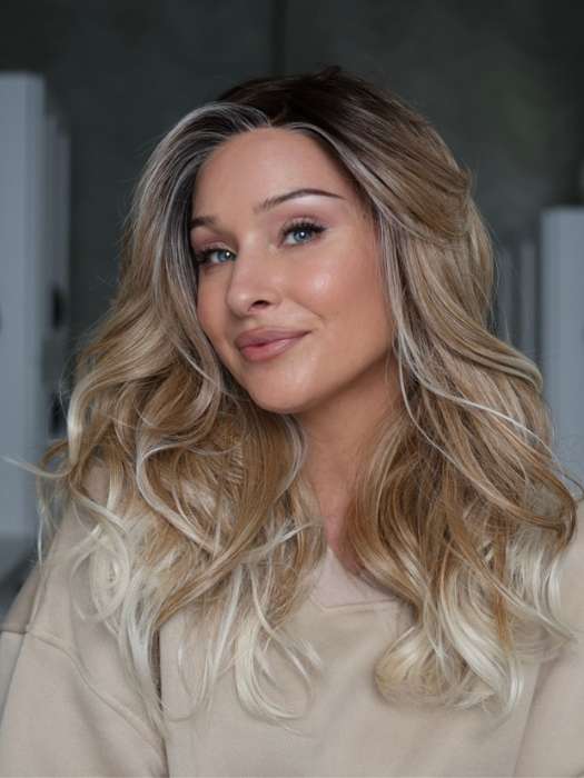 Heather @cjswigs wearing GLAM WAVEZ by RENE OF PARIS in color MELTED MARSHMALLOW | Subtly Warm Dark Sandy Blonde Blend with Medium Brown Roots and Light Ash Blonde Tips and Highlights