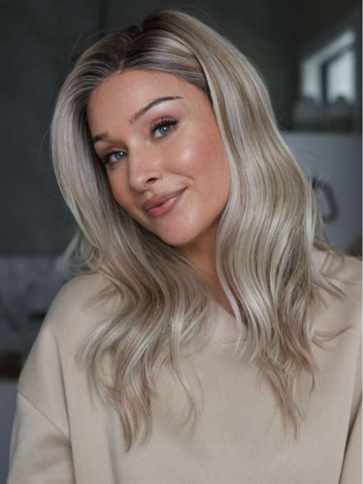 Heather @cjswigs wearing MILANO by BELLE TRESS in color MILKSHAKE BLONDE R | A mixture of Light Sandy Brown, Highlighted with Light Ash Blonde with a Hint of Light Platinum Blonde with a Medium Root Color