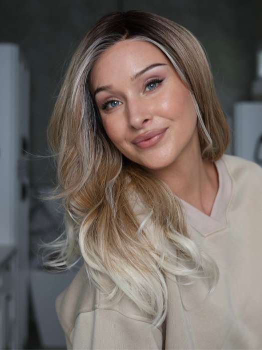 Heather @cjswigs wearing GLAM WAVEZ by RENE OF PARIS in color MELTED MARSHMALLOW | Subtly Warm Dark Sandy Blonde Blend with Medium Brown Roots and Light Ash Blonde Tips and Highlights