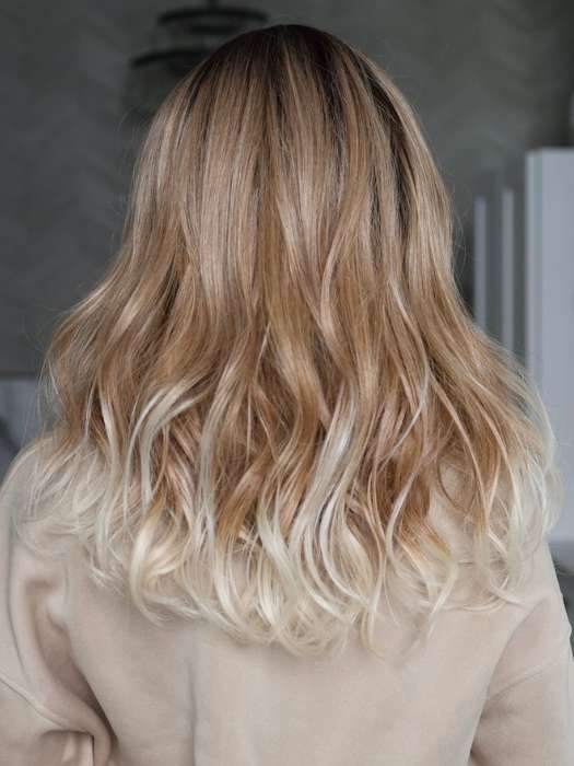 Heather @cjswigs wearing GLAM WAVEZ by RENE OF PARIS in color MELTED MARSHMALLOW | Subtly Warm Dark Sandy Blonde Blend with Medium Brown Roots and Light Ash Blonde Tips and Highlights