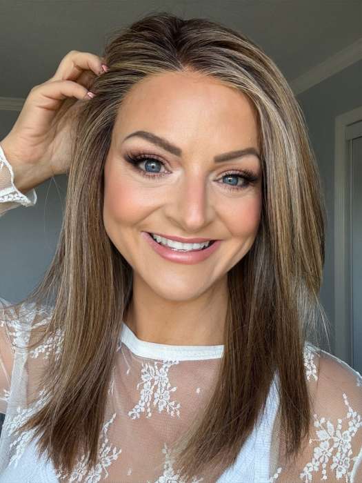 Sandy @i_be_wiggin wearing FORTE by BELLE TRESS in color BROWN SUGAR COOKIE R | The roots are a Rich Brown Tone that seamlessly transitions into a Warm, Golden-Brown base. Delicate highlights in honey and toffee tones add dimension