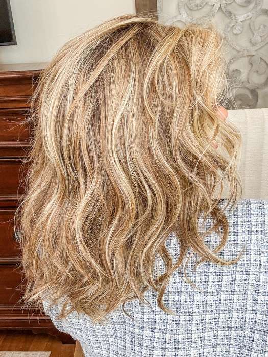 Marcie Mertz @wig.obsessed wearing POLO by BELLETRESS in color MACADAMIA LATTE R | A combination of Medium and Light Brown, highlighted with Light Gold Blonde, and a mixture of Ash Blonde and Light Gold Blonde, Rooted with Medium and Light Brown
