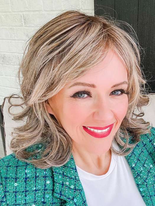 Marcie Mertz @wig.obsessed wearing GRANADA by BELLETRESS in color MACADAMIA LATTE R | A combination of Medium and Light Brown, highlighted with Light Gold Blonde, and a mixture of Ash Blonde and Light Gold Blonde, Rooted with Medium and Light Brown