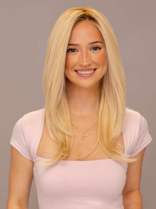 Model is wearing Leading Edge by TressAllure in shade 24/102/R12 | Gold Blonde with Platinum highlights with Gold Brown roots