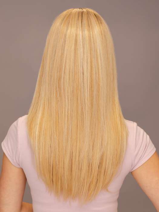 Model is wearing Leading Edge by TressAllure in shade 24/102/R12 | Gold Blonde with Platinum highlights with Gold Brown roots