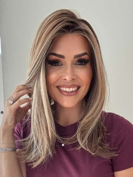 Crystal @crystallhoneycutt wearing FONTAINE by BELLE TRESS in color SUNKISSED ALMOND R | A blend of Medium and Light Brown with Light Gold Blonde Highlights and a hint of Cooler Blonde, rooted with Medium and Light Brown