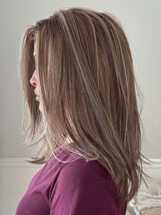 Crystal @crystallhoneycutt wearing FONTAINE by BELLE TRESS in color SUNKISSED ALMOND R | A blend of Medium and Light Brown with Light Gold Blonde Highlights and a hint of Cooler Blonde, rooted with Medium and Light Brown