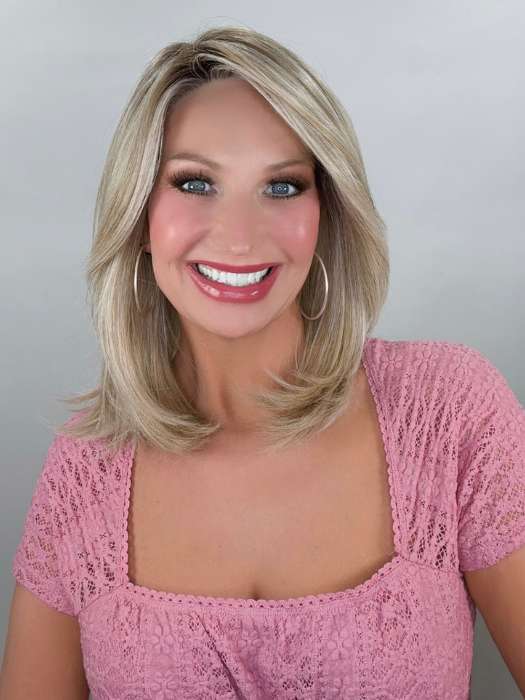 Kim @letstalkwithkim wearing OWN THE ROOM by GABOR in color GF19-23SS BISCUIT | Light Ash Blonde Evenly Blended with Cool Platinum Blonde with Dark Roots
