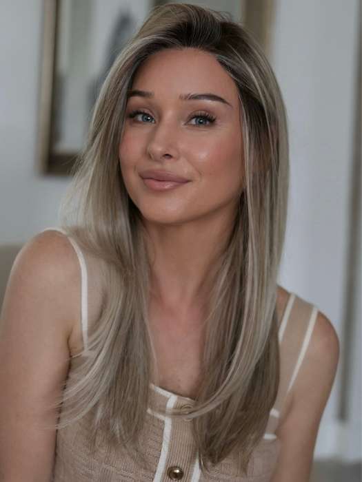 Heather @cjswigs wearing MIRAGE by ELLEN WILLE in color CHAMPAGNE-ROOTED 24.25.20 | Light Beige Blonde, Medium Honey Blonde, and Platinum Blonde Blend with Dark Roots