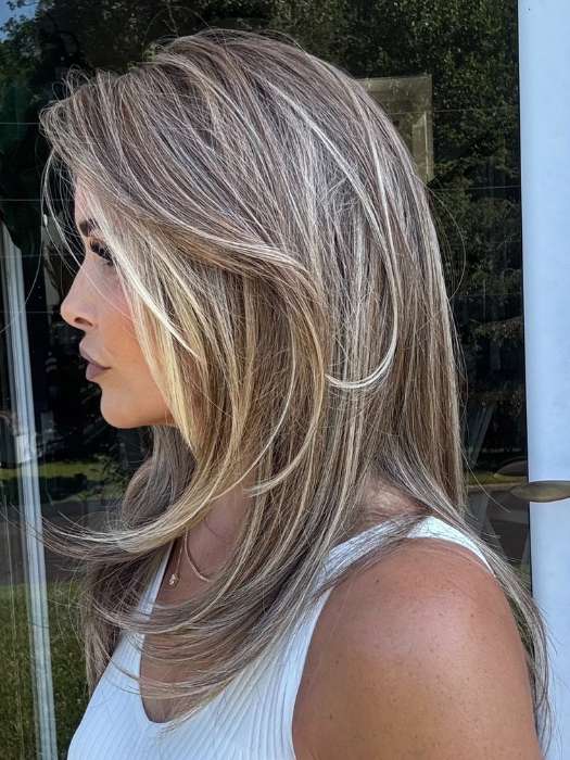 Crystal @crystallhoneycutt is wearing LAUREN by BELLETRESS in color SUNKISSED ALMOND R | A blend of Medium and Light Brown with Light Gold Blonde Highlights and a hint of Cooler Blonde, rooted with Medium and Light Brown