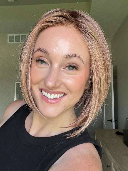 Carly @carlynwilson84 wearing DUA by ELLEN WILLE in color ROSEWOOD-BROWN-SHADED | Medium Brown, Caramel, and Rose Gold blend with Dark shaded Roots