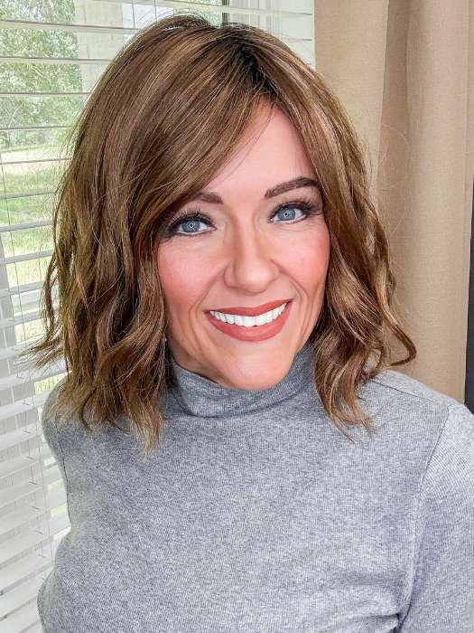 Marcie Mertz @wig.obsessed wearing CHARLOTTE by ENVY in shade CINNAMON TOFFEE | Neutral to Warm Light Brown with Dark Brown Roots