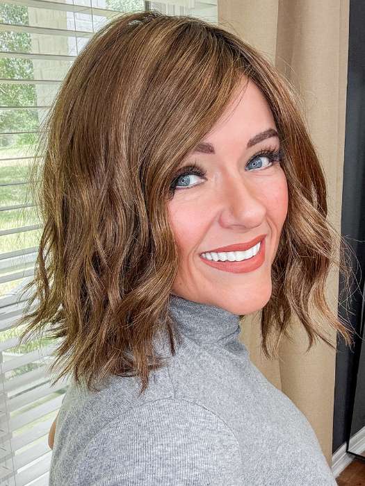 Marcie Mertz @wig.obsessed wearing CHARLOTTE by ENVY in shade CINNAMON TOFFEE | Neutral to Warm Light Brown with Dark Brown Roots