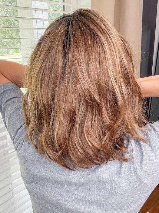 Marcie Mertz @wig.obsessed wearing CHARLOTTE by ENVY in shade CINNAMON TOFFEE | Neutral to Warm Light Brown with Dark Brown Roots