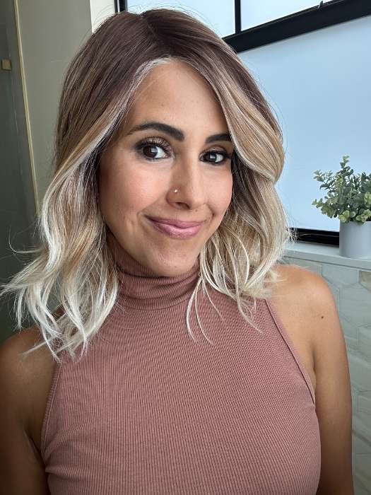 Lorena @faux.hurr.lifee wearing DAZZLING WAVEZ by RENE OF PARIS in shade MELTED MARSHMALLOW | Subtly Warm Dark Sandy Blonde Blend with Medium Brown Roots and Light Ash Blonde Tips and Highlights